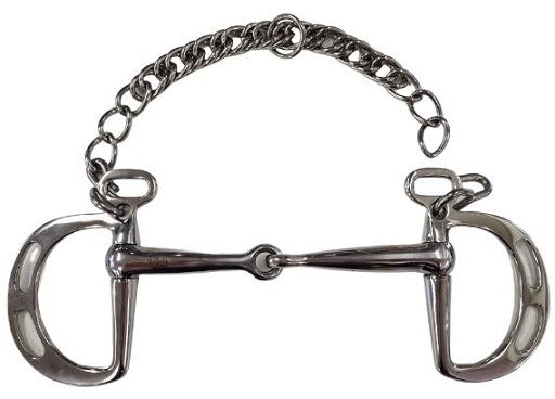 Excellent, versatile bit with 3 rein position options. It gives the rider the option to increase or decrease the amount of leverage the bit will provide when the reins are pulled because there is a choice of two positions to attach the reins to. If the reins are placed in the lower slot, the bit will have more curb action than the upper slot. The curb chain prevents the bit from rotating too far in the horse's mouth. When the reins are pulled back, the bit applies pressure to the bars of the mouth, the chin, and the poll. Nutcracker action gives the rider more control. Works well for horses that pull hard. Curb chain for extra leverage.