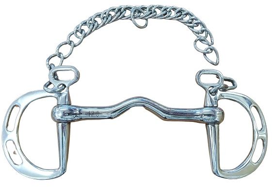 Excellent, versatile bit with 3 rein position options. It gives the rider the option to increase or decrease the amount of leverage the bit will provide when the reins are pulled because there is a choice of two positions to attach the reins to. If the reins are placed in the lower slot, the bit will have more curb action than the upper slot. The curb chain prevents the bit from rotating too far in the horse's mouth. When the reins are pulled back, the bit applies pressure to the bars of the mouth, the chin, and the poll. The ported mouth curves upwards to allow more room for the tongue, hence putting more pressure on the bars of the mouth. This makes the curb action more effective. Works well for horses that pull hard. Curb chain for extra leverage.
