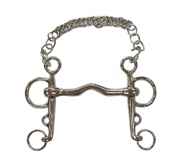 A pelham bit provides the benefits of a double bridle - using snaffle action and curb action without the need for 2 bits. A Pelham can be used with a variety of rein options. Two reins can be used so that the rider has both a snaffle and a curb rein. A rein connector can also be used - a connector attaches to the curb ring and the snaffle ring, and the rein attaches to the connector, allowing the use of a single rein. A single rein can be used without connectors, either at the snaffle ring or the curb ring, depending on the desired action and amount of control needed. A pelham needs to be used with a curb chain to be effective. Multiple rein options for degrees of control. The ported mouth curves upwards to allow more room for the tongue, hence putting more pressure on the bars of the mouth. This makes the curb action more effective.