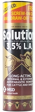 SOLUTION 3,5% L.A. is an antiparasitic remedy for cattle and sheep. Dosage form: Injection SOLUTION 3,5% L.A is an antiparasitic remedy for cattle and sheep. Dosage form: Injection Composition: Ivermectin* 2,25% m/v, abamectin* 1,25% m/v. (*macrocyclic lactone).