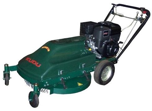 Kudu Heavy Duty walk-behind industrial lawn mower with Power Pro 1500 petrol engine that delivers 11.25kw (15hp). Width of grass cutter is 850mm and height of cut is adjusted by handlebar mounted lever and range from 12mm to 75mm in 4-positions, The Kudu Lawn mower comes with a belt driven 2-speed gearbox and speed range between 3,3 and 6 kph. Power Pro 1500H 15hp OHV 4-stroke oil cooled automatic low oil level protection. 3 swing back blades on a 4mm disk. Kudu 850 have been designed and manufactured to cut large area's of lawn, up to a maximum cutting area of around 10000 square meters. Powder coated steel chassis with electroplated components. Front wheels have Castor dual bearings, and rear wheels have wide solid tyre with split rims. V- belt drive to gearbox and cutter drive. Simple belt drive system from engine to deck. Convenient removeable top cover allows for easy access for maintenance. Powder coated steel chassis with galvanised components. Trailing seat can be fitted.