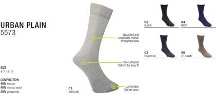 Absorbent and breathable mohair throughout sock. Non cushioned flat knit for easy fit. Comfortable flat toe seam.