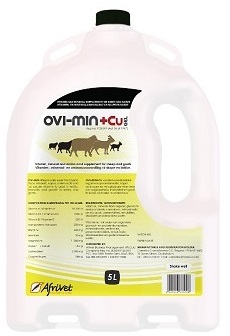 Vitamin, mineral and amino acid supplement for sheep and goats. Ovi-Min + CU Gel provides essential organic trace minerals, magnesium, amino acid and fat soluble vitamins to assist in fertility, immunity and growth in sheep and goats.