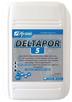 Ready-to-use pour-on for cattle, sheep and goats. Cattle: Controls ticks, stable flies, horn flies, cattle louse flies and nuisance flies e.g. house flies. Kills lice (biting and sucking). Protects against blackflies. Sheep and goats: Controls Karoo-paralysis, bont-legged and red-legged ticks.