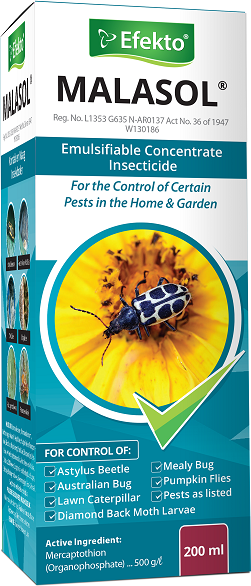 An emulsifiable concentrate insecticide for The control of certain pests in the home and garden. A contact and stomach poison for The control of Pests as listed.