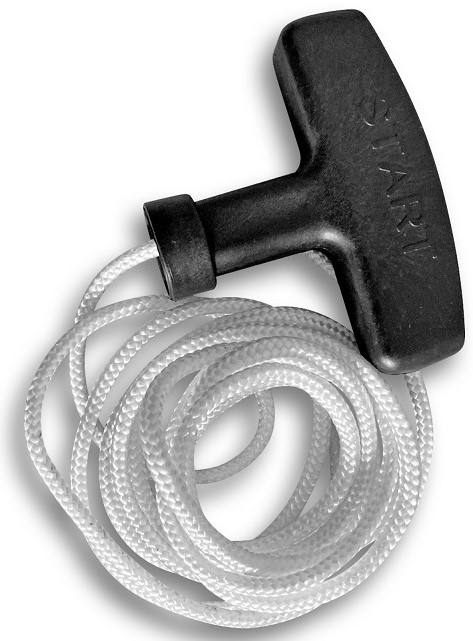 Starter handle with rope to be used as a replacement for a variety of horizontal and vertical shaft engines. These include generators, water pumps, fire-fighters and lawnmowers. A quick replacement option for a broken starter rope.
