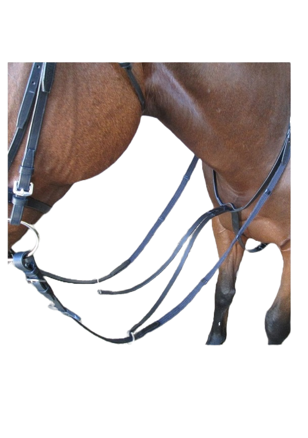 English leather. Stainless steel fittings, with a reinforced split for strength. A running martingale prevents the horse from lifting his head too high and gives you a neck strap to hold onto if you are feeling insecure on top of your horse. Black or brown leather. Pony, cob, full size.