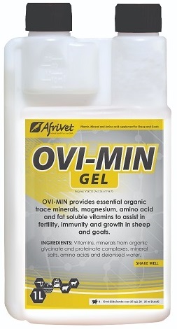 Vitamin and mineral supplements for sheep and goats. Provides essential organic trace minerals, magnesium, amino acid and fat-soluble vitamins. Assists with fertility, immunity and growth in sheep and goats. OVI-MIN GEL can be added to drinking water or can be orally dosed.