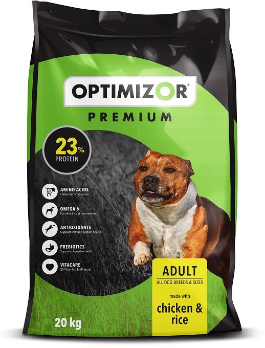 Optimizor Premium Adult with chicken and rice, with 23% protein, is a high-quality dog food specially formulated for active dogs. Our resident animal nutritionist and veterinarian has ensured a balanced formula of high-quality poultry meat and rice, together with VitaCARE, all to ensure optimal levels of protein for strong muscles and to promote a healthy immune system. Amino Acids to help nourish muscles, Omega 6 for skin & coat nourishment, Antioxidants to support immune system health, Prebiotics to support digestive health, 23 Vitamins and Minerals.