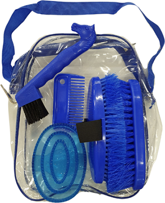 Everything you need to keep your pony clean and tidy. Grooming kit comes in a clear plastic carry bag with a zip and handle, making it easy to carry and hang up. Kit includes a matching body brush and dandy brush, gel curry comb, hoof pick & brush and a plastic mane comb. Assorted colours.