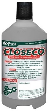 Liver fluke and roundworm remedy for cattle. Controls wireworm (Haemonchus contortus) for 21 days, Nasal worm (Oestrus ovis) larvae and Hookworm (Gaigeria pachyscelis) in sheep.