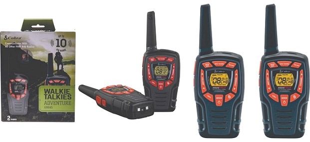 The All new 10km Walkie Talkie from Cobra. Complete with rubberized grips to provide enhanced grip and built-in LED Flashlight to keep you on the go. VibrAlert® notifies you of incoming transmissions by vibrating. The waterproof spec allows you to be ·Water Resistant ·VOX - Voice activated transmission (hands free) VibrAlert® - Enhanced vibrating feedback to notify you of incoming transmissions ·Built-in LED flashlight. What's in the box - AM845 - Pair of Black/Orange 10km walkie talkie radios. Accessories - Micro USB cable, Two-port charging dock, Rechargeable NiMH batteries included ready, whatever the weather. Voice-activated transmission keeps your hands for other tasks. Up to 968 channel combinations are available when the 8 channels are combined with the 121 privacy codes. 2 Pack PMR Radios. Weight: 65.4g Height: 131mm Width: 49.81mm Depth: The All new 10-Km Walkie Talkie from Cobra. Complete with rubberized grips to provide enhanced grip and built-in LED Flashlight to keep you on the go. VibrAlert® notifies you of incoming transmissions by vibrating. The waterproof spec allows you to be ·Water Resistant ·VOX - Voice activated transmission (hands free) VibrAlert® - Enhanced vibrating feedback to notify you of incoming transmissions ·Built-in LED flashlight. What's in the box - AM845 - Pair of Black/Orange 10km walkie talkie radios. Accessories - Micro USB cable, Two-port charging dock, Rechargeable NiMH batteries included ready, whatever the weather. Voice-activated transmission keeps your hands for other tasks. Up to 968 channel combinations are available when the 8 channels are combined with the 121 privacy codes. 2 Pack PMR Radios. Weight: 65.4g Height: 131mm Width: 49.81mm Depth: 37.13mm. Rechargeable AA Batteries included. Provides extended signal range up to 10 km with 968 channel combinations.