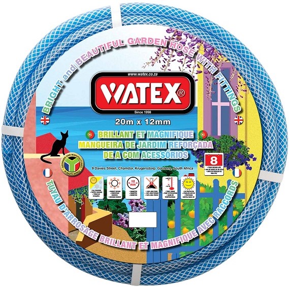 Watex 12mm X 20m blue garden hose with fittings. ManufacturediIn South Africa. PVC. 8 Year warranty. UV stabilised.