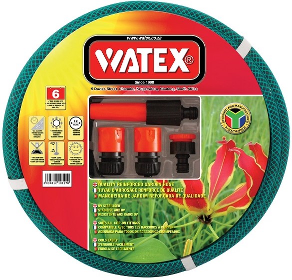 Watex 20mm X 20m garden hose with fittings. Manufactured in South Africa. PVC. 6 Year warranty. UV stabilised.