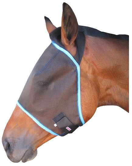 Sunglasses for your horse. Mesh prevents insects, sun damage and dust from irritating your horse's eyes. Dark non-patterned mesh is easier for your horse to see through and attracts less light. Any colour binding.