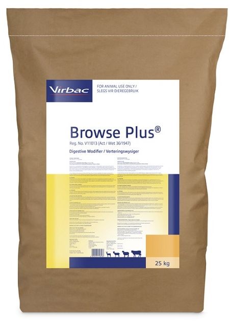 Browse Plus is a specialised formula designed as a drinking water or in feed/lick additive which enhances the animal's digestive process and results in more nutrient utilisation. COMPOSITION: Polyethylene glycol 930 g /kg, excipients 70g/kg (polyvinylpyrrolidone/calcium hydroxide/dry powdered molasses stillate). COMPOSITION: Polyethylene glycol 930g/kg, excipients 70g/kg (polyvinylpyrrolidone/calcium hydroxide/dry powdered molasses stillate). DIRECTIONS FOR USE : 4g per animal per day for livestock and game. Digestive modifier during unfavourable feeding times. Tannin inhibitor.