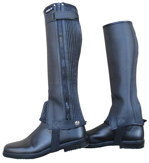 Synthetic leather look chaps - prevents the stirrup leathers from rubbing your calves. Good value for money. Strong YKK zip. Low maintenance - wipe clean with a damp cloth or sponge.