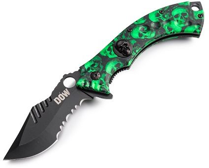 The ZOMBI HUNTER is a medium size folder. Easy one handed opening.50 / 50 smooth and serrated blade with black coating.