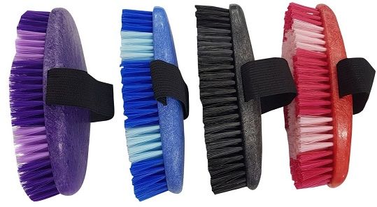 For use on the horse's body and legs. Removes dust, adds a shine to the coat and is soothing to the horse. Usually the last brush used when grooming. Plastic back and bristles are hygienic and easy to clean. Black, blue, purple, red.