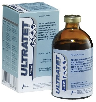 For the treatment of tick-borne gall sickness (anaplasmosis), heartwater, pneumonia, foot rot, joint-ill and navel-ill in cattle, sheep, goats and pigs, as well as strangles in horses.