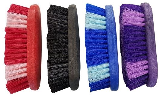 A nicely sized brush, mostly used for manes, tails and hooves. Can be used on heavy winter coats to remove stubborn dirt. Synthetic bristles and the plastic back are easy to keep clean. Black, blue, purple, red.