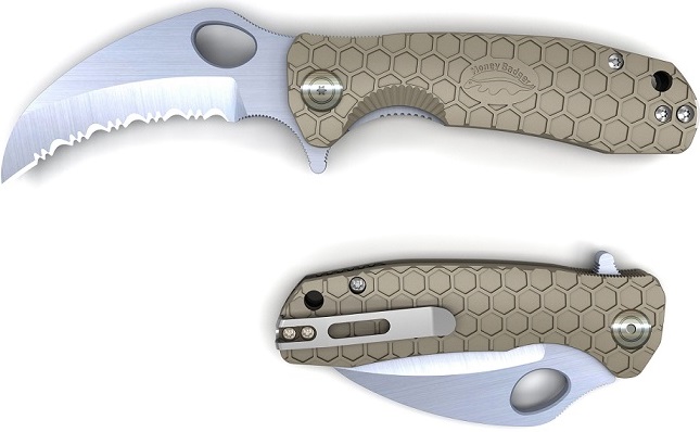 Honey-Badger knives are superbly designed to be tough. Honey comb pattern for multi-directional grip. Light and Slim. Resistant to slipping even if wet. Fit ergonomically in the hand. Handle slabs, choils and blade spines that contact the hands in use. 8Cr13MoV Stainless steel blade. Handle FRN (Fibre Reinforced Nylon).