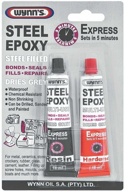 Wynn's Steel Epoxy is a two-component, low odour, fast curing adhesive formulated to bond an extensive range of substrates including steel, brass, copper, iron, plastic, wood, concrete and ceramics. Applied in single action, this product cures with high bonding strength, resistance to high temperature, pressure and grease. Suitable for use to repair worn valve seats, cracked housings, copper and cylinder heads, gas tank, plumbing and radiator leaks, torn keyways, stripped threads, toys and furniture.