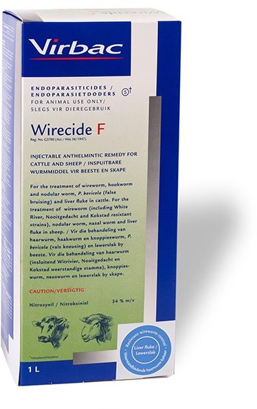 Injectable anthelmintic remedy for cattle and sheep. For the treatment of wireworm, hookworm, nodular worm, Parafilaria bovicola (false bruising) and liver fluke in cattle. For the treatment of wireworm (including Whiteriver, Nooitgedacht and Kokstad resistant strains), nodular worm, nasal bot and liver fluke in sheep. COMPOSITION: Nitroxynil 34% m/v. COMPOSITION: Nitroxynil 34% m/v. Sheep: Treat at the rate of 1ml per 25kg body mass. Sheep: Treatment of wireworm (including Whiteriver, Nooitgedacht and Kokstad resistant strains). Cattle: Effective against Parafilaria bovicola (false bruising) at double dose.