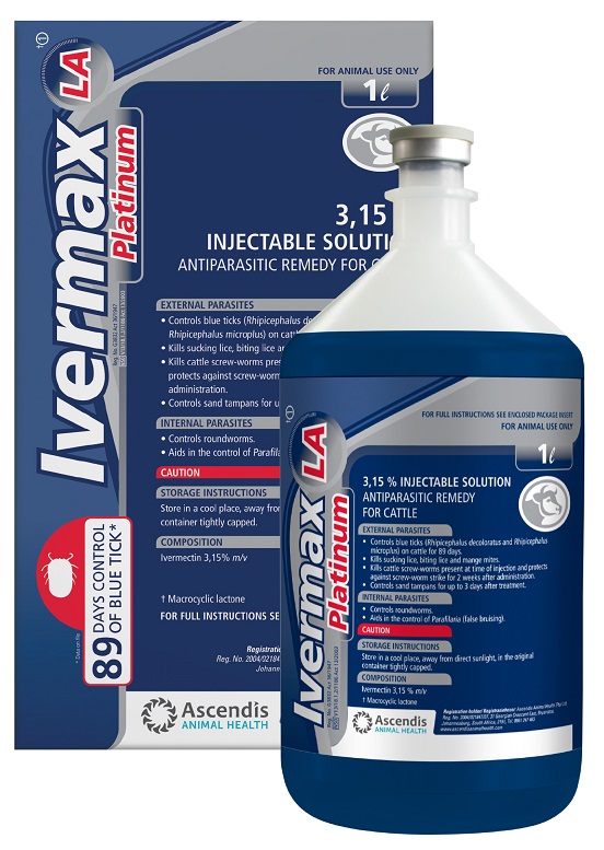 3,15% injectable solution. Antiparasitic remedy for cattle. Kills sucking lice, biting lce and mange mites. Kills cattle screwworm present at time of injection and protects against screwworm strike for 2 weeks after administration. Controls sand tampans for up to 3 days after treatment