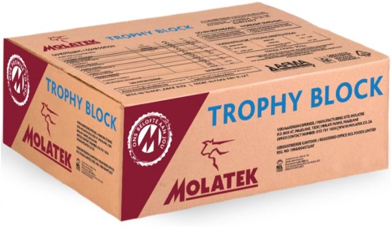 Molatek Trophy Block is an excellent high-quality protein and energy block that is suitable for both ruminant and non- ruminant game species. It contains protein, energy, minerals and trace minerals that contribute to the maintenance of the animals body weight, conception rate and horn growth. Highly palatable ensuring good intakes resulting in optimal animal production under a variety of grazing or browsing conditions. Provides highly absorbable, urea-free protein, energy, macro- and trace minerals to all game species. Ensures consistently high animal performance and profit throughout the year.