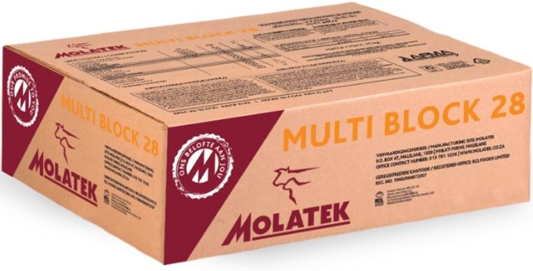 Molatek Multi Block 28 is formulated to provide sufficient protein, energy, minerals and vitamin A to ensure maximum roughage intake to increase calving and lambing percentages as well as to ensure high weaning mass. As it limits weight loss, it increases the re-conception rate, resulting in improved animal performance. Increases lick intakes of heifers where intakes on normal winter licks are too low or in cattle feeding on maize residues. Combination of protein and trace minerals stimulates the digestion of low-quality pasture/veld as it stimulates the digestion process of the microbes in the rumen. Supplements deficient trace minerals such as zinc, copper, cobalt, iodine, selenium and Sulphur on dry pastures which play an important role in increasing conception percentages. Makes the feeding of urea safe because it is dissolved in molasses during the production process.