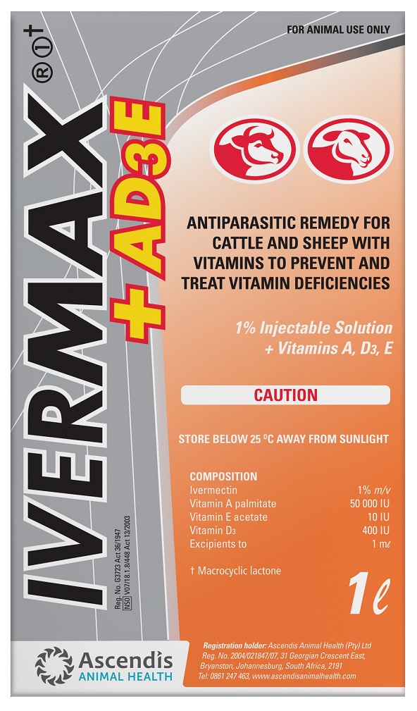 Antiparasitic remedy for cattle and sheep with vitamins to prevent and treat vitamins deficiencies.