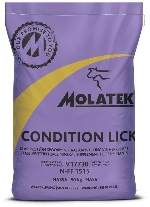 Molatek Condition Lick is a maintenance lick with high intakes formulated to restore the condition of your cattle, sheep and goats. Increases lick intakes of heifers where intakes on normal winter licks are too low or in cattle feeding on maize residues. Stimulates the appetite of animals to increase the intake and digestibility of dry matter to restrict weight loss during winter. The combination of protein and trace minerals stimulates the digestion of low-quality pasture/veld as it stimulates the digestion process of the microbes in the rumen. The trace minerals result in an increase in the conception as well as the calving and lambing percentages. Mixed with grain, it can be fed to lactating animals as a production lick. Has a laxative effect which helps to prevent dry gall sickness. Makes the feeding of urea safe because it is dissolved in molasses during the production process.