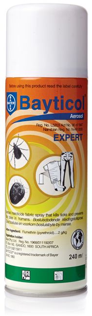 Kills ticks in contact with sprayed fabric surfaces, preventing tick bites and thus transmission of tick-borne diseases such as tick-bite fever and Congo fever in humans. Active Ingredient: Flumethrin (Pyrethroid) 2g/kg