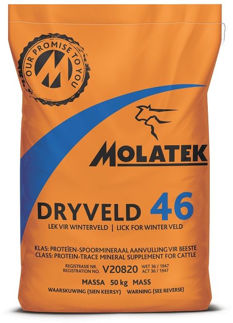 Molatek Dryveld 46 is a molasses-based protein and trace mineral supplement formulated to increase performance of cattle on dry winter pasture. It is given to dry as well as lactating animals on crop residues and to animals on dry veld and hay. Trace minerals result in increased conception and calving percentages. Can be mixed with grain to be provided as a production lick for lactating animals. Has a laxative effect which helps to prevent dry gall sickness. Makes the feeding of urea safe because it is dissolved in molasses during the production process. Supplements deficient trace minerals such as zinc, copper, cobalt, iodine, selenium and Sulphur on dry pastures, which play an important role in increasing conception percentages.