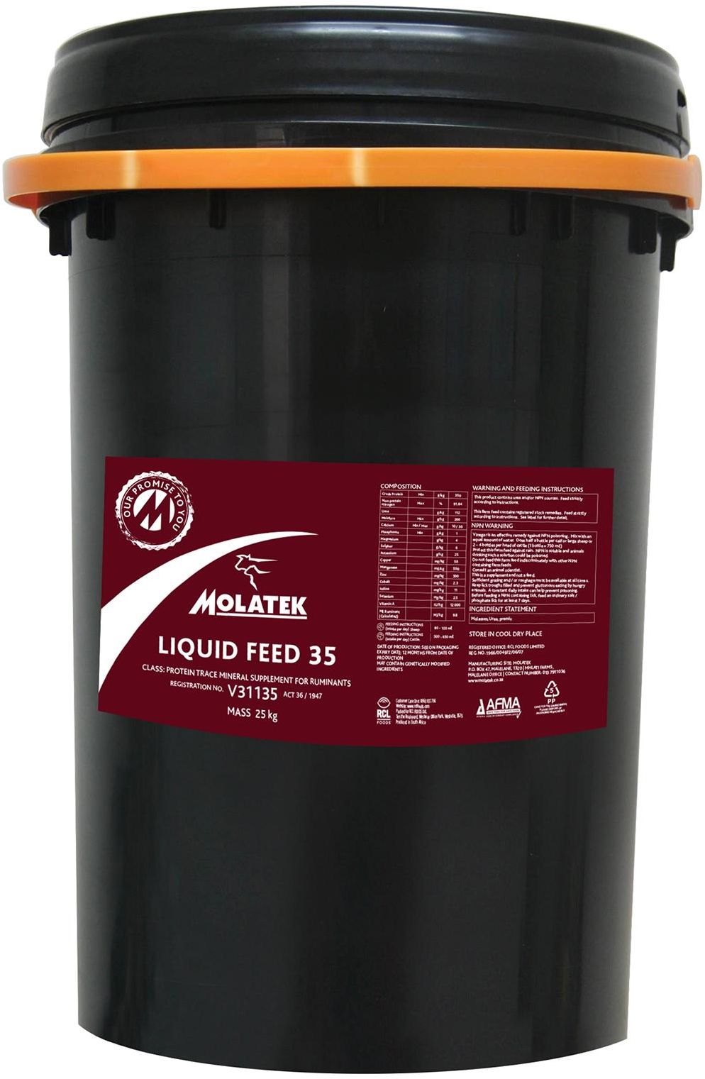 Molatek Liquid Feed 35 is a supplement that can be successfully applied were cattle and sheep graze together. It is an economical supplement of protein, energy, minerals and vitamin A. Highly palatable which increases the intake of dry veld pasture and roughage. It contains protein in the form of nitrogen for the microbes in the rumen, and readily available energy in the form of sugar (molasses), phosphate and trace minerals. It also increases the intake and digestion of poor quality roughage. Ensures the safe intake and efficient utilisation of urea nitrogen, because the urea is dissolved in the molasses during the production process. It must not be used in combination with other products containing urea.
