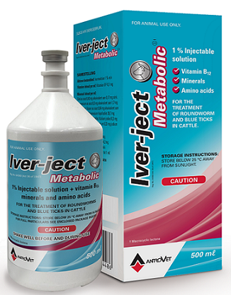 Iver-ject Metabolic is a 1% Ivermectin injectable solution for the treatment of ticks and roundworms.