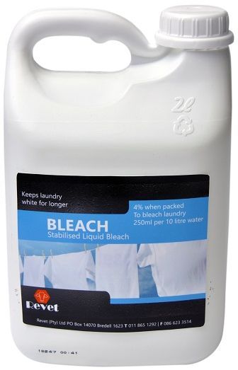 Revet Bleach is a stabilised liquid bleach. To bleach laundry use 250ml per 10 litre water. 4% when packed.