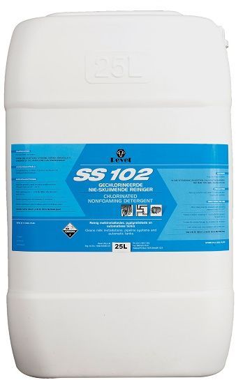 Chlorinated non foaming liquid detergent to clean milk installations and pipeline systems and automatic tanks. After milking rinse the installation thoroughly with cold to lukewarm water at 25°C. Prepare a solution containing 5ml to 6ml of SS102 per litre of hot water at 70°C.Circulate this solution through the installation for 10 minutes. Drain the solution and rinse the installation with potable water. Use 2ml SS108 per 1 litre of water or 1.5ml SS103 per 1 litre of water in the final rinse.