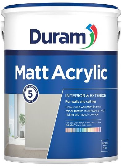 Colour rich wall paint for walls and ceilings, for interior and exterior use, the paint is long lasting, high hiding with a smooth matt finish. The product has a 5 year quality guarantee, is water based. The matt acrylic white can be tinted with Duram ColorPro stir in paint colour.