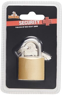 Security iron padlock 32mm brass epoxy coated & includes 2 keys.