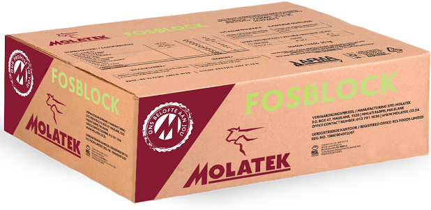 Molatek Fosblock, a weather-resistant block, is formulated to provide sufficient phosphate and trace mineral supplements to ruminants on green, growing pastures. Sufficient phosphate and trace mineral supplementation ensures high animal performance and profitability. Improves utilisation of energy from green pastures/veld.