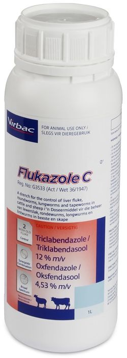 For the control of liver fluke, roundworms, lungworms and tapeworms in cattle and sheep. Flukazole C has a synergistic effect on early immature liver fluke, geared for optimal liver health. Flukazole C has a synergistic effect on early immature liver fluke, geared for optimal liver health. COMPOSITION : Triclabendazole 12% m/v, Oxfendazole 4,53% m/v. Ovicidal. Dosage: 1ml / 10kg body mass orally.