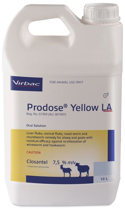 Liver fluke, conical fluke, nasal bot and roundworm remedy for sheep and goats with residual efficacy against reinfestations of wireworm and hookworm. COMPOSITION: Closantel 7,5% m/v. COMPOSITION: Closantel 7,5% m/v. Dosage: 1ml / 10kg body mass for roundworm and 13ml / 10kg body for conical fluke. 5 Weeks residual against wireworm and 2 weeks residual against hookworm. Nasal worm (Oestrus ovis): Highly effective against 1st, 2nd and 3rd instar larvae.