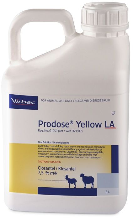 Liver fluke, conical fluke, nasal bot and roundworm remedy for sheep and goats with residual efficacy against reinfestations of wireworm and hookworm. COMPOSITION: Closantel 7,5% m/v. COMPOSITION: Closantel 7,5% m/v. Dosage: 1ml / 10kg body mass for roundworm and 13ml / 10kg body for conical fluke. 5 Weeks residual against wireworm and 2 weeks residual against hookworm. Nasal worm (Oestrus ovis): Highly effective against 1st, 2nd and 3rd instar larvae.