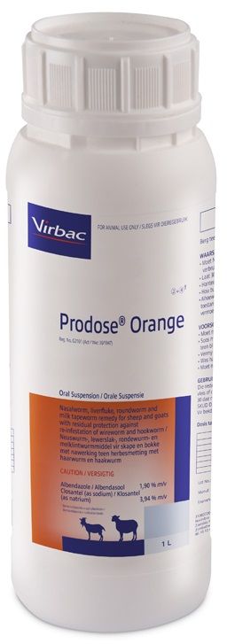 Nasal bot, liver fluke, roundworm and milk tapeworm remedy for sheep and goats with residual protection against re-infestation of wireworm and hookworm. COMPOSITION : Albendazole 1,90% m/v, Closantel (as sodium) 3,94% m/v. COMPOSITION : Albendazole 1,90% m/v, Closantel (as sodium) 3,94% m/v. Dosage: Roundworm, liver fluke and Milk tapeworm : 2ml per 10kg. 5 Weeks residual against wireworm and 2 weeks residual against hookworm. Ovicidal: Roundworm eggs present in the animal at the time of dosing are prevented from hatching.