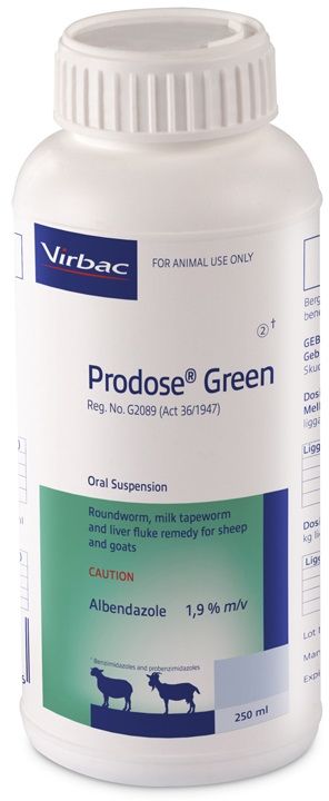 Roundworm, milk tapeworm and liver fluke. COMPOSITION: Albendazole 1,94% m/v. COMPOSITION: Albendazole 1,94% m/v. Dosage: Roundworm and milk tapeworm : 2ml per 10kg body mass, liver fluke: 2,5ml per 10kg body mass. Roundworm and tapeworms: Milk tapeworm (Moniezia spp): Class 1. Ovicidal: Roundworm eggs present in the animal at the time of dosing are prevented from hatching