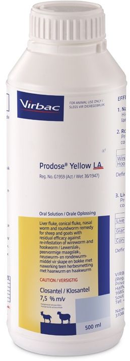 Liver fluke, conical fluke, nasal bot and roundworm remedy for sheep and goats with residual efficacy against reinfestations of wireworm and hookworm. COMPOSITION: Closantel 7,5% m/v. COMPOSITION: Closantel 7,5% m/v. Dosage: 1ml / 10kg body mass for roundworm and 13ml / 10kg body for conical fluke. 5 Weeks residual against wireworm and 2 weeks residual against hookworm. Nasal worm (Oestrus ovis): Highly effective against 1st, 2nd and 3rd instar larvae.