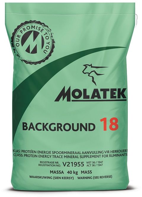 Molatek Background 18, is and excellent, high-quality protein and high-energy product suitable for the rearing and finishing of young animals, as well as for the backgrounding of feedlot calves on good quality green pastures. This product can be used with great success for, amongst others, lactating cows, the rearing of heifers, first-calf heifers and phase D bulls. Molatek Background 18 contains an ionophore to enhance feed conversion and growth. Suitable for the growing out and backgrounding of calves on pastures and maize residue. Contains a growth promoter that improves pasture digestibility, energy availability, growth and efficiency of feed utilization.
