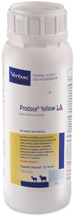 Liver fluke, conical fluke, nasal bot and roundworm remedy for sheep and goats with residual efficacy against reinfestations of wireworm and hookworm. COMPOSITION: Closantel 7,5% m/v. COMPOSITION: Closantel 7,5% m/v. Dosage: 1ml / 10kg body mass for roundworm and 13ml / 10kg body for conical fluke. 5 Weeks residual against wireworm and 2 weeks residual against hookworm. Nasal worm (Oestrus ovis): Highly effective against 1st, 2nd and 3rd instar larvae.